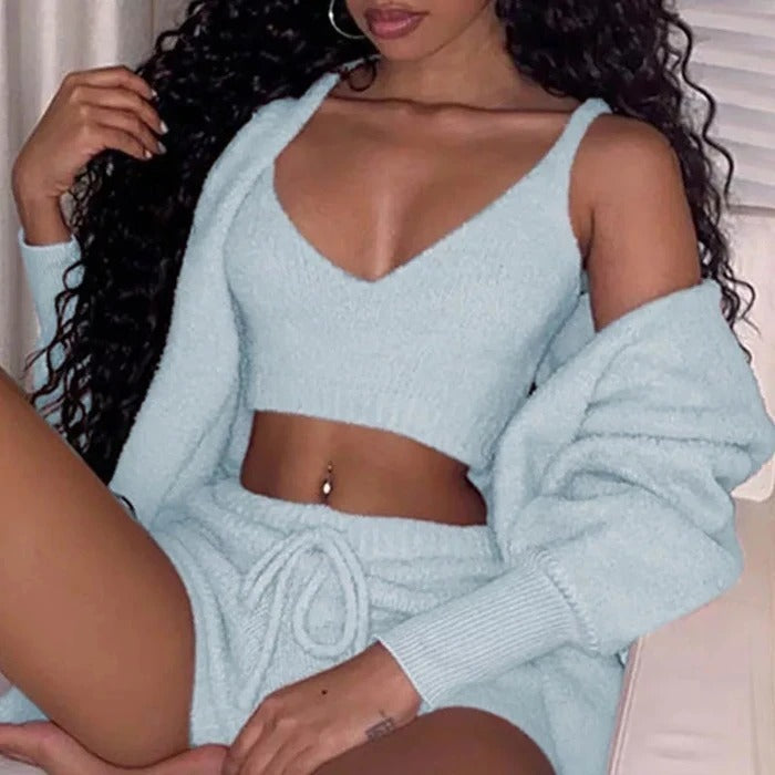 3pc Womens Clothing Long Sleeve Crop Tank Top And Drawstring Shorts Pajama Set
