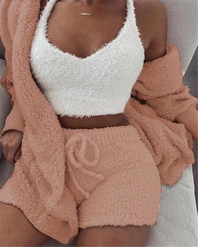 3pc Womens Clothing Long Sleeve Crop Tank Top And Drawstring Shorts Pajama Set