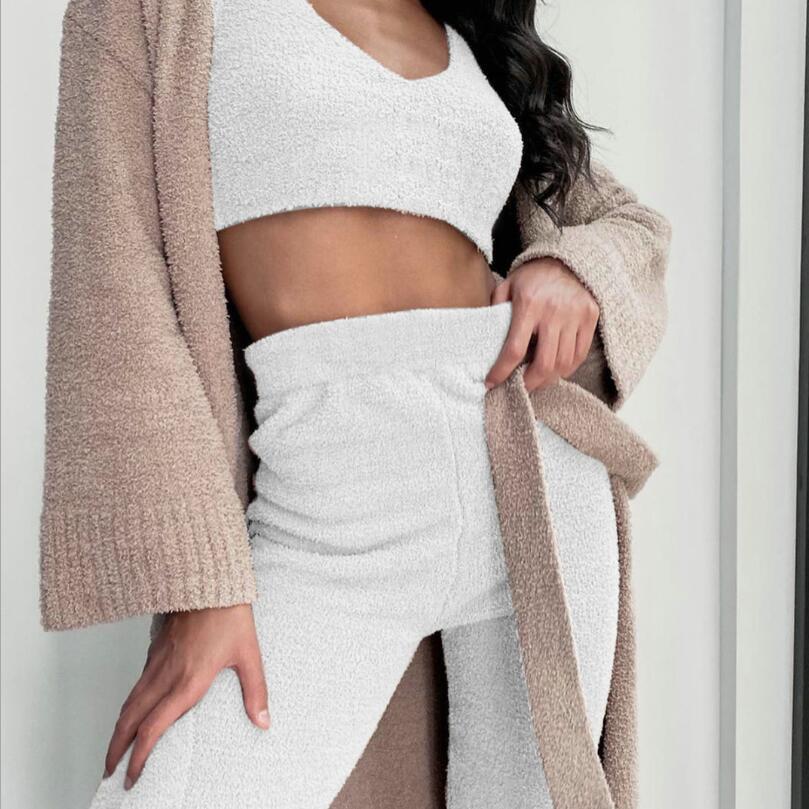3pc Womens Clothing Long Sleeve Crop Tank Top And Drawstring Shorts Pajama Set
