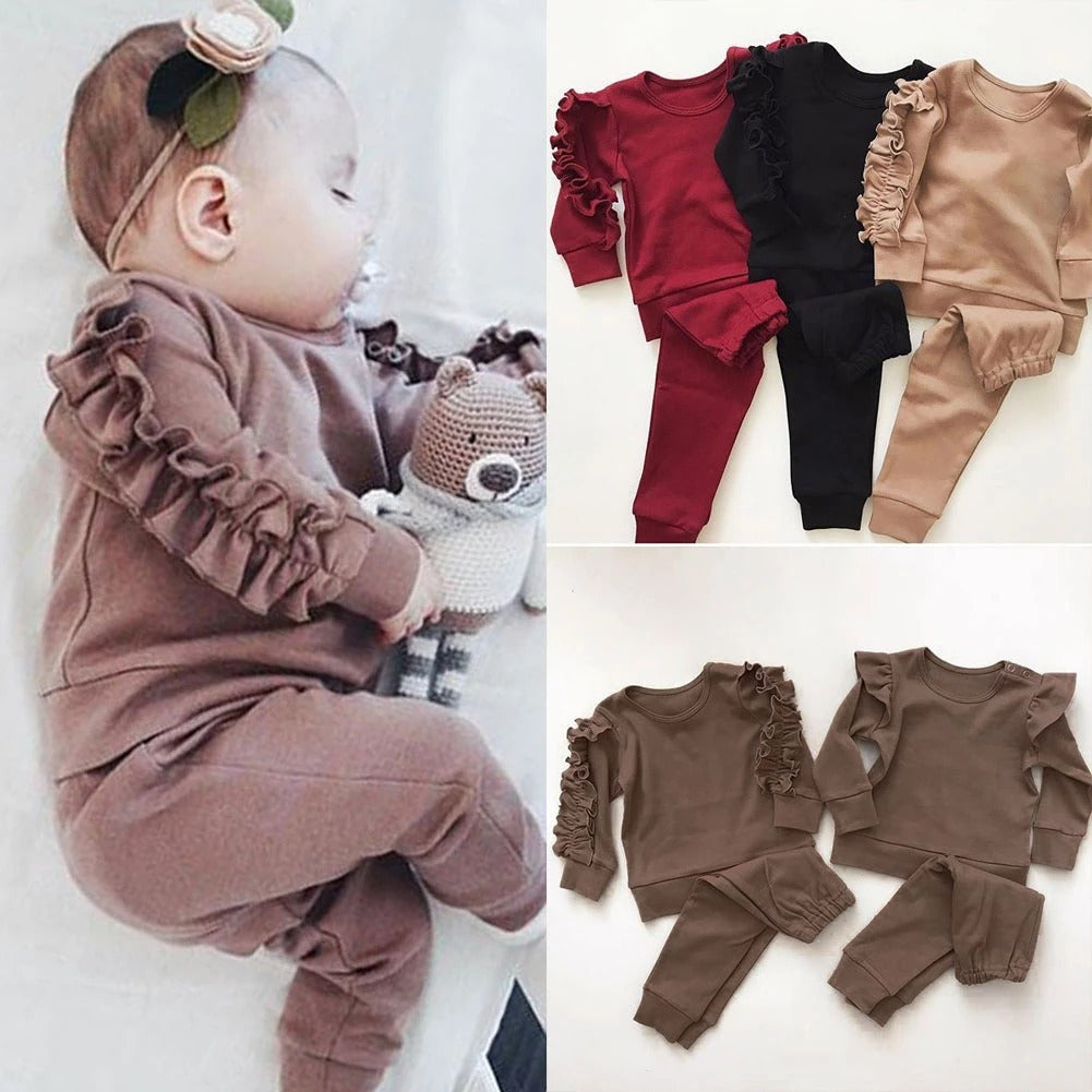 Newborn Baby Boys or Girls 2pc Ruffles Jumper Solid Long Sleeve Sweatshirt
