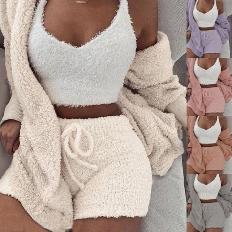 3pc Womens Clothing Long Sleeve Crop Tank Top And Drawstring Shorts Pajama Set