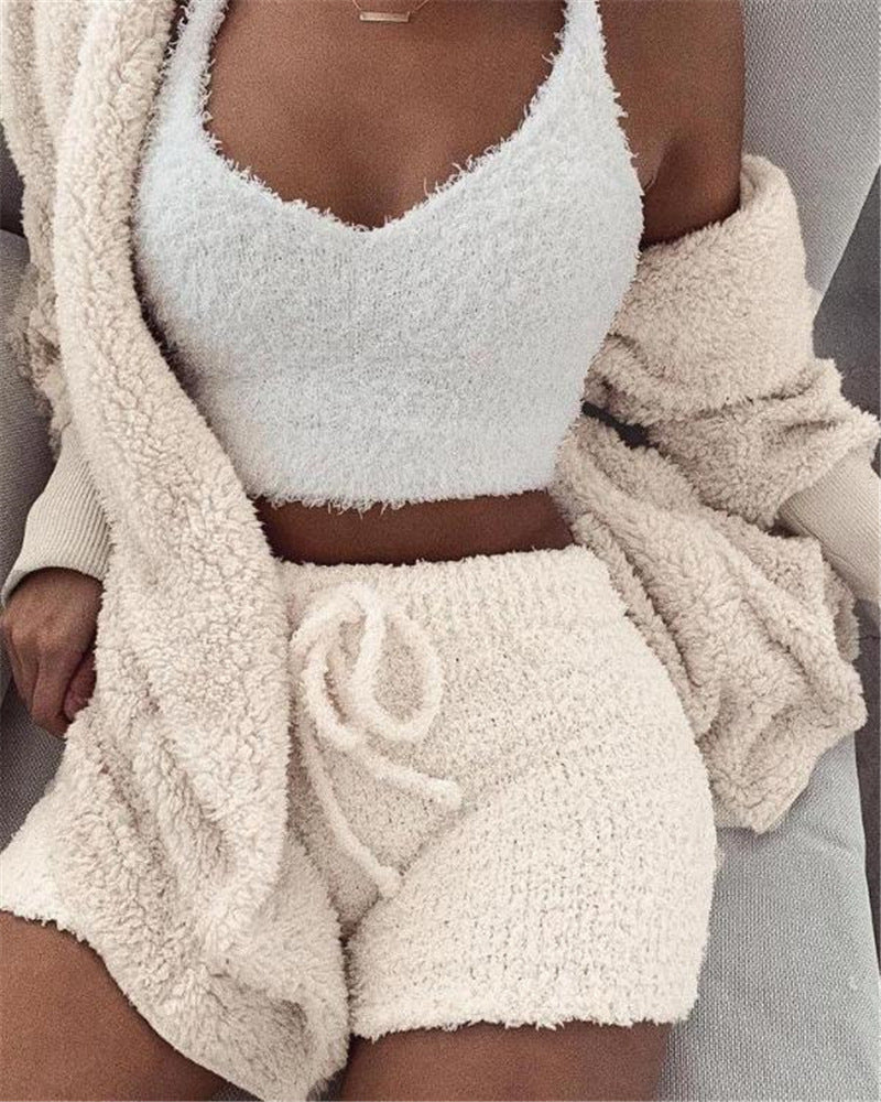 3pc Womens Clothing Long Sleeve Crop Tank Top And Drawstring Shorts Pajama Set
