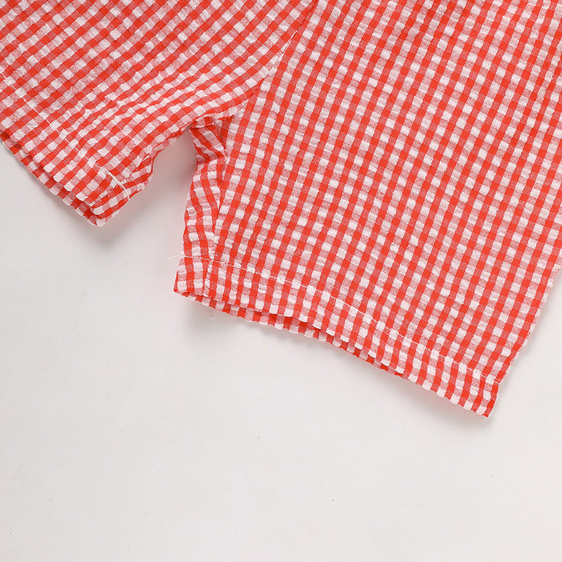 Kids Back To School Outfit Summer T-Shirt & Red Gingham Shorts Set