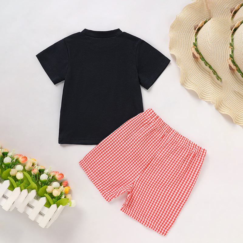 Kids Back To School Outfit Summer T-Shirt & Red Gingham Shorts Set