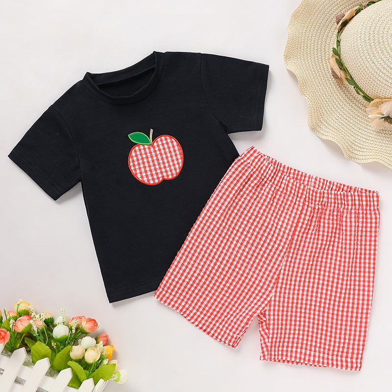 Kids Back To School Outfit Summer T-Shirt & Red Gingham Shorts Set