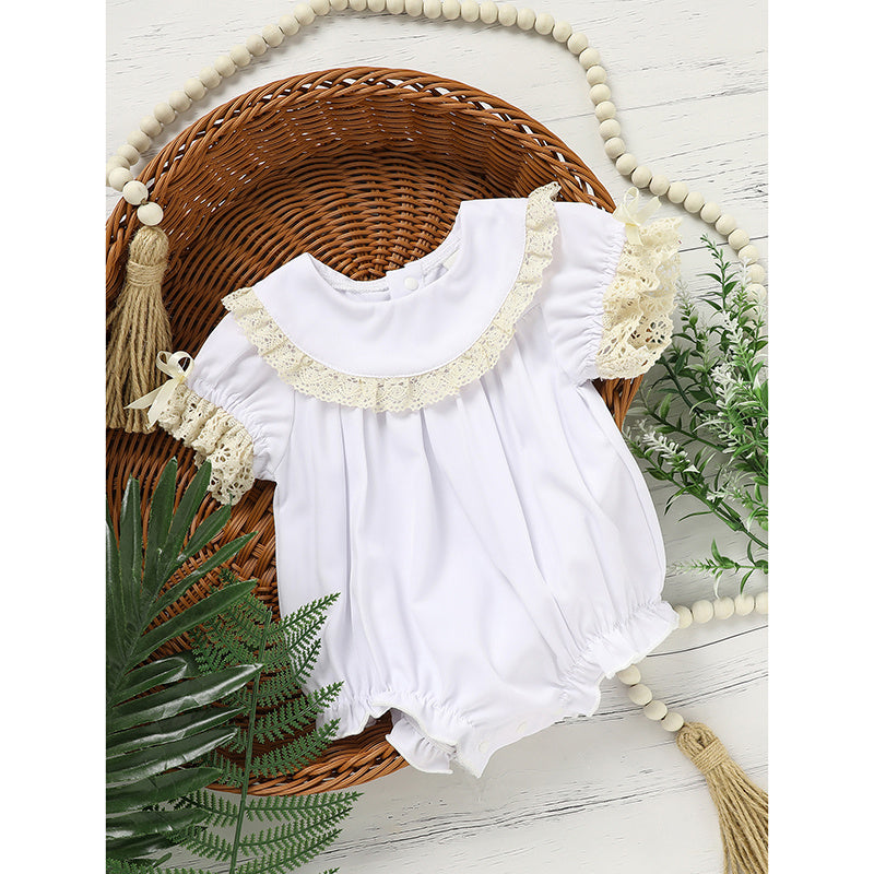 Baby Girl White Lace Romper Soft & Stylish Short Sleeve Bubble Jumpsuit For Wedding Season & Summer
