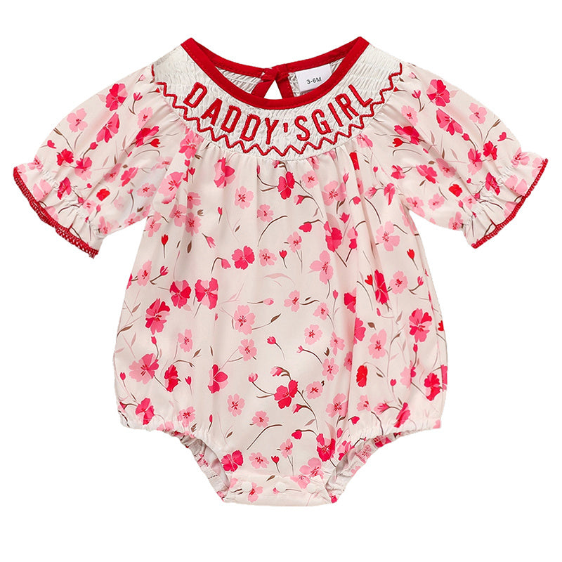 Infant Floral Romper 'DADDY'S Girl' Embroidery Short Sleeve Crew Neck Adorable Princess