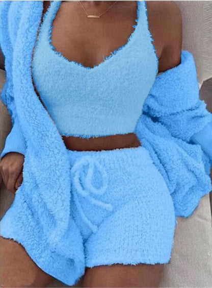 3pc Womens Clothing Long Sleeve Crop Tank Top And Drawstring Shorts Pajama Set
