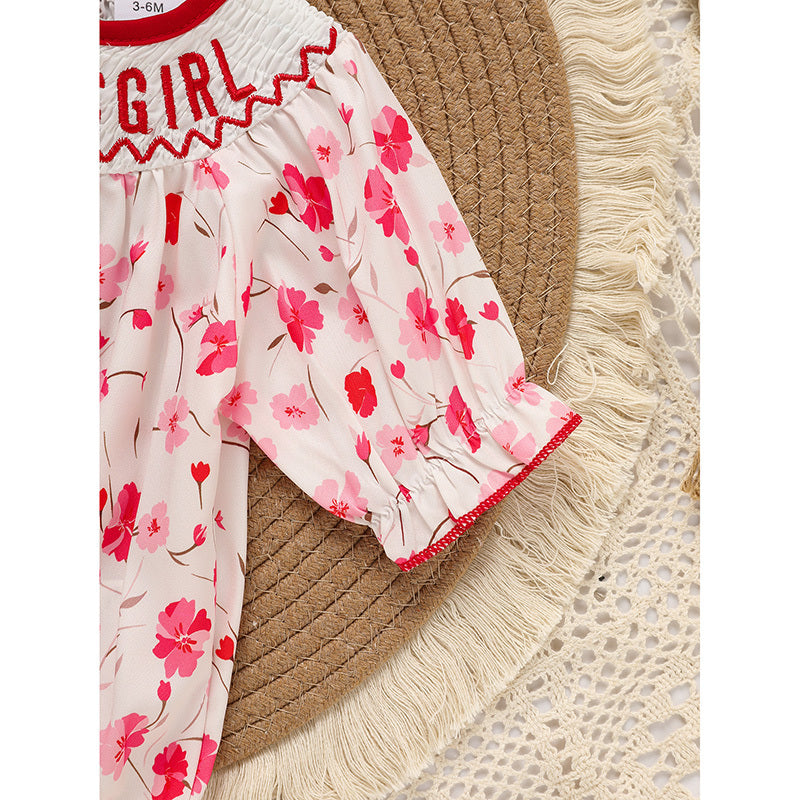 Infant Floral Romper 'DADDY'S Girl' Embroidery Short Sleeve Crew Neck Adorable Princess