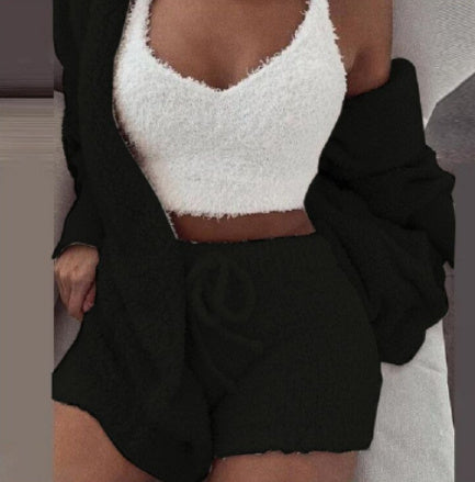 3pc Womens Clothing Long Sleeve Crop Tank Top And Drawstring Shorts Pajama Set