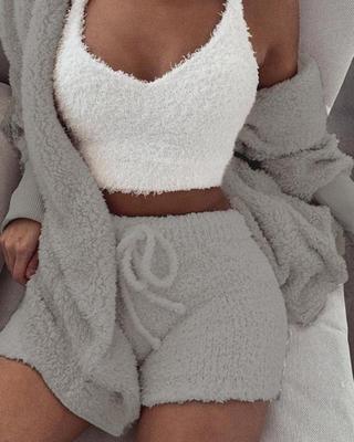3pc Womens Clothing Long Sleeve Crop Tank Top And Drawstring Shorts Pajama Set