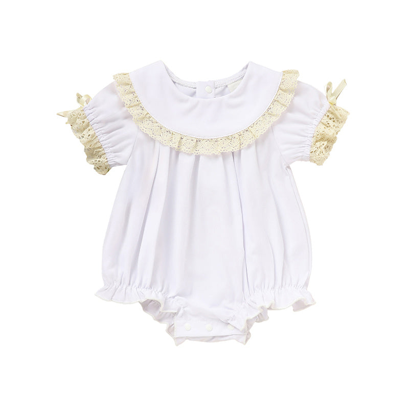 Baby Girl White Lace Romper Soft & Stylish Short Sleeve Bubble Jumpsuit For Wedding Season & Summer