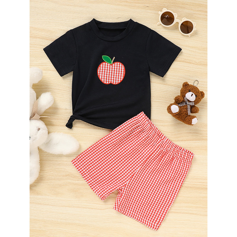 Kids Back To School Outfit Summer T-Shirt & Red Gingham Shorts Set
