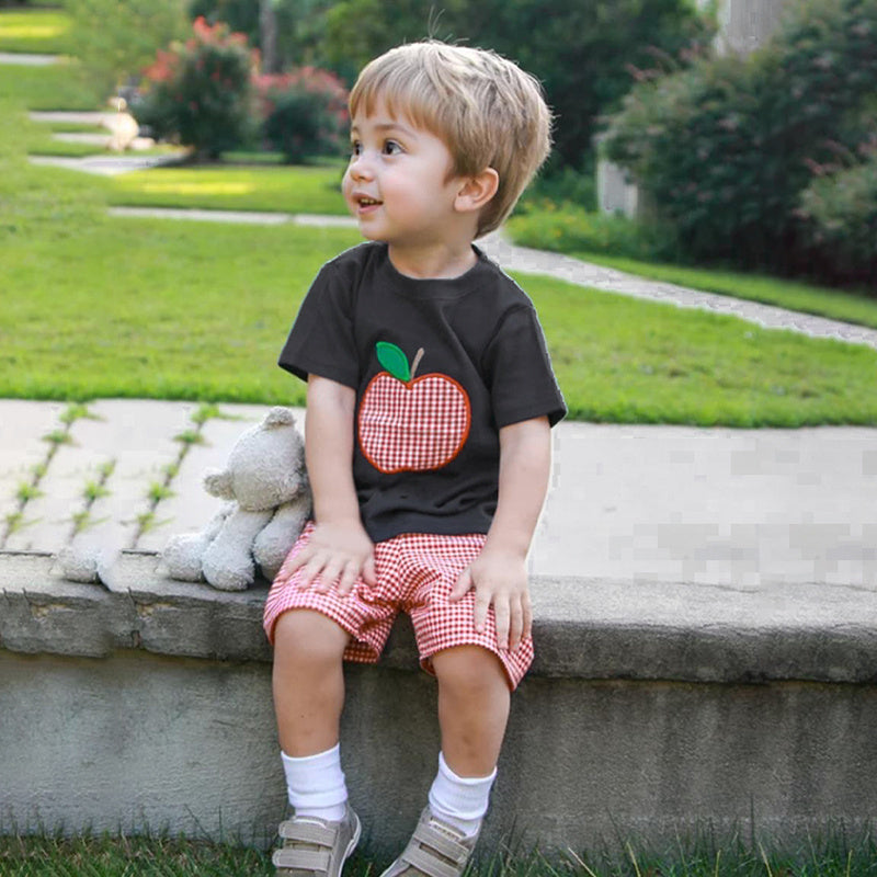Kids Back To School Outfit Summer T-Shirt & Red Gingham Shorts Set