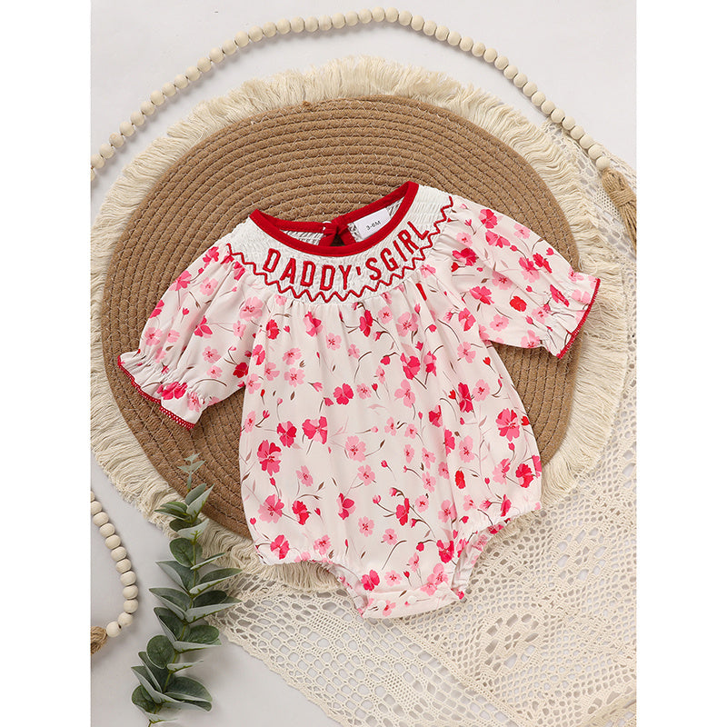 Infant Floral Romper 'DADDY'S Girl' Embroidery Short Sleeve Crew Neck Adorable Princess