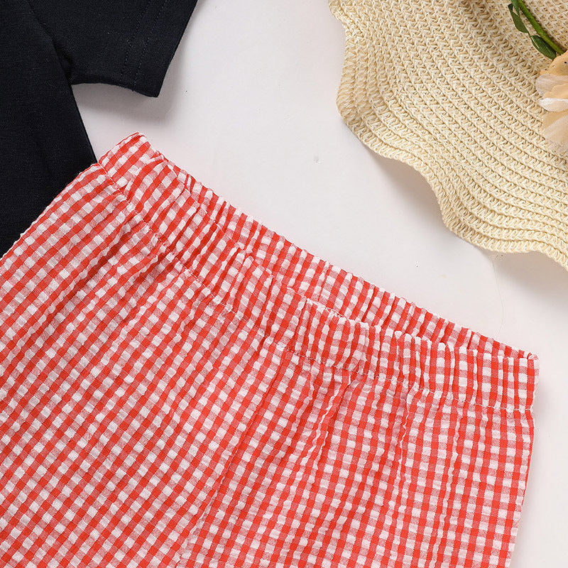 Kids Back To School Outfit Summer T-Shirt & Red Gingham Shorts Set