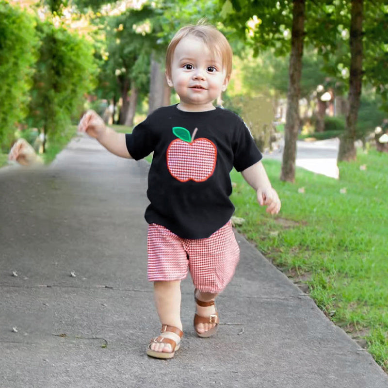 Kids Back To School Outfit Summer T-Shirt & Red Gingham Shorts Set